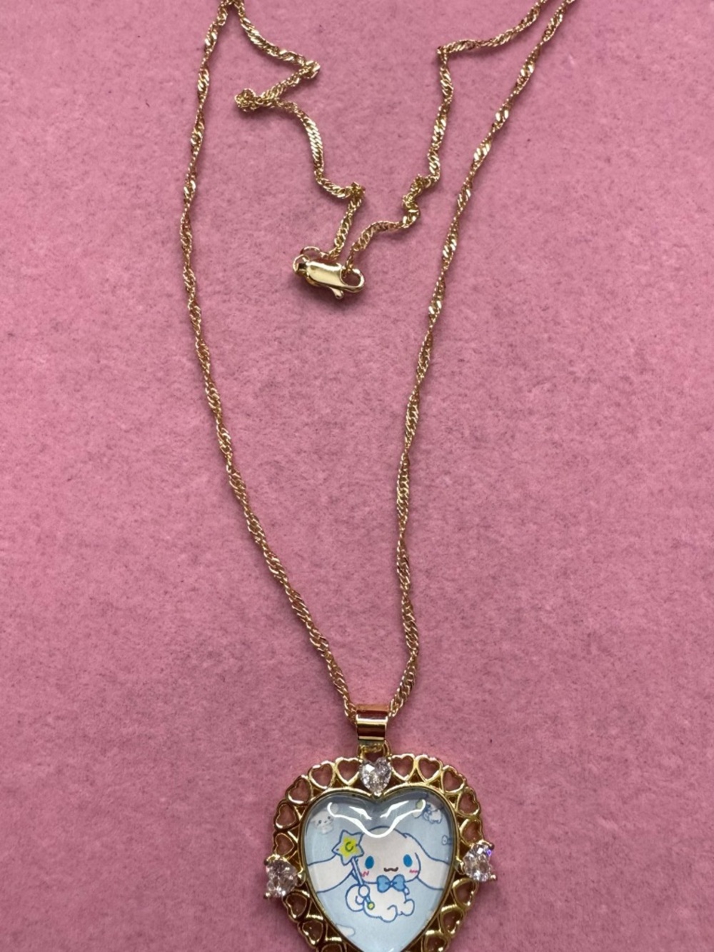 Gold Heart Pendant Necklace with Cute Character Charm Cinnamon Roll Sanrio .